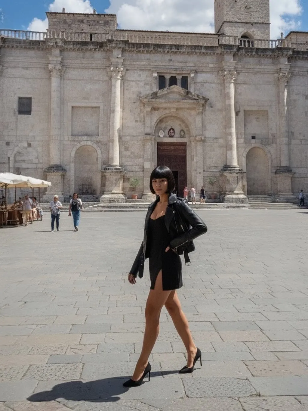 ValentAIn attraversa Piazza Arringo ad Ascoli Piceno, davanti alla facciata della cattedrale di Sant'Emidio