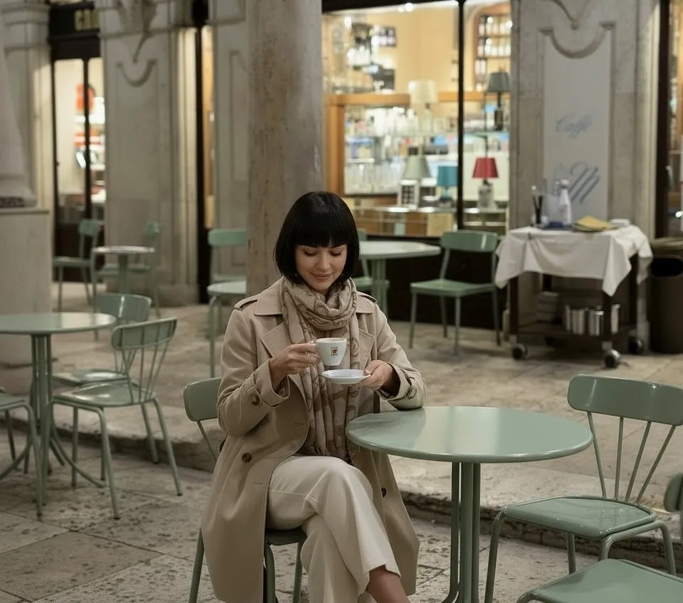 ValentAIn seduta ai tavolini del Caffè Meletti con una tazzina di caffè in mano