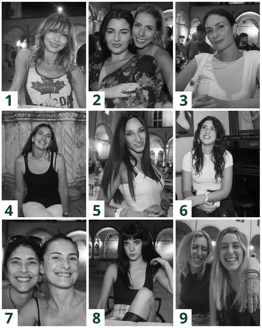 Ritratti numerati da 1 a 9: volti sorridenti sotto le arcate illuminate del chiostro, di sera
