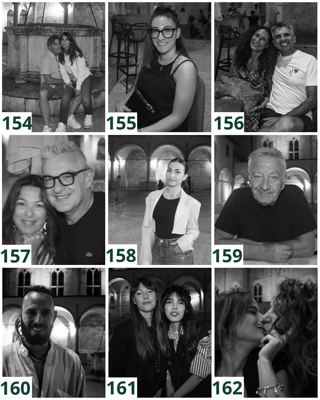 Ritratti numerati da 154 a 162: volti fotografati accanto al pozzo del chiostro e sotto il portico