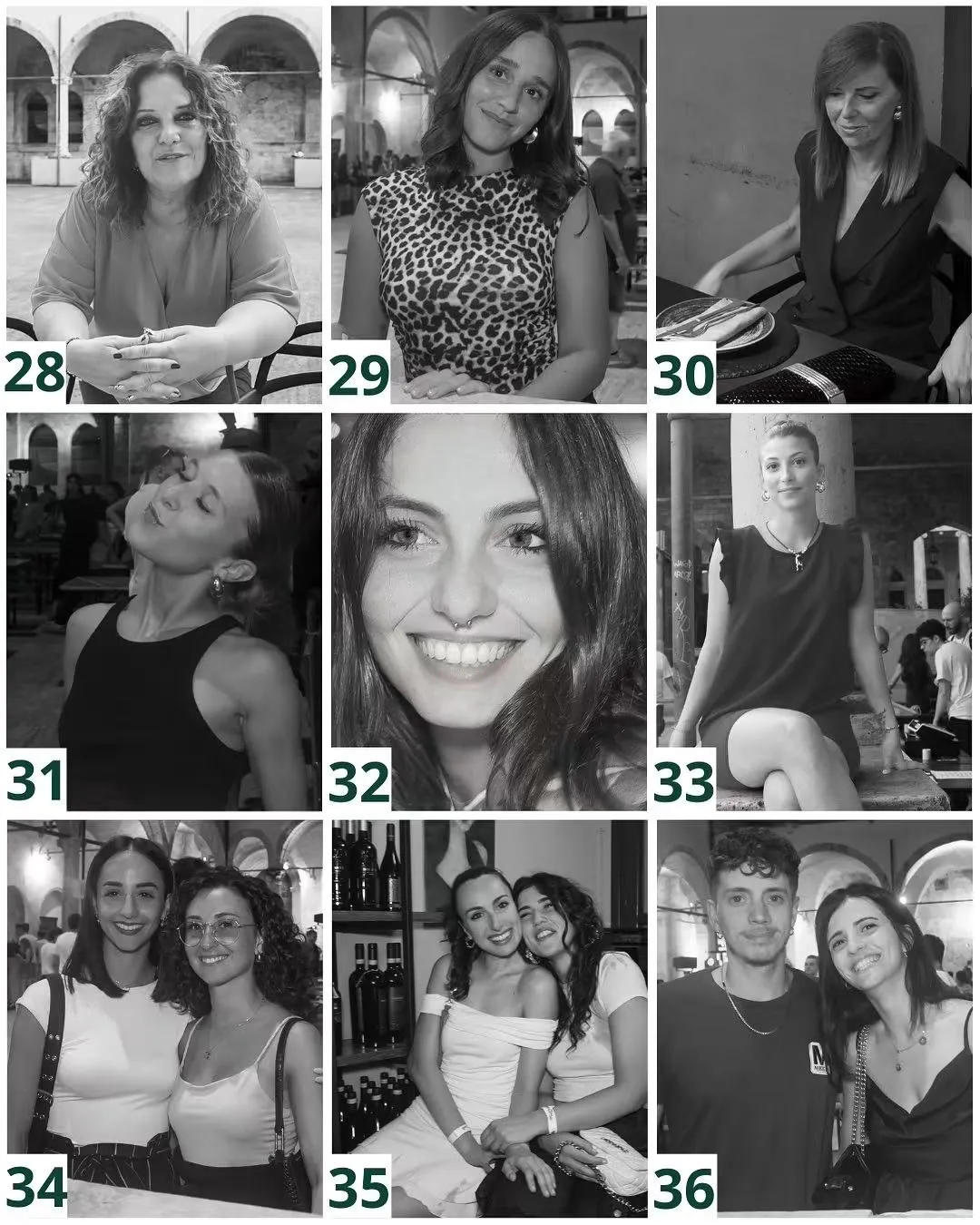 Ritratti numerati da 28 a 36: clienti ai tavoli e coppie di amici nel chiostro e nelle sale del locale