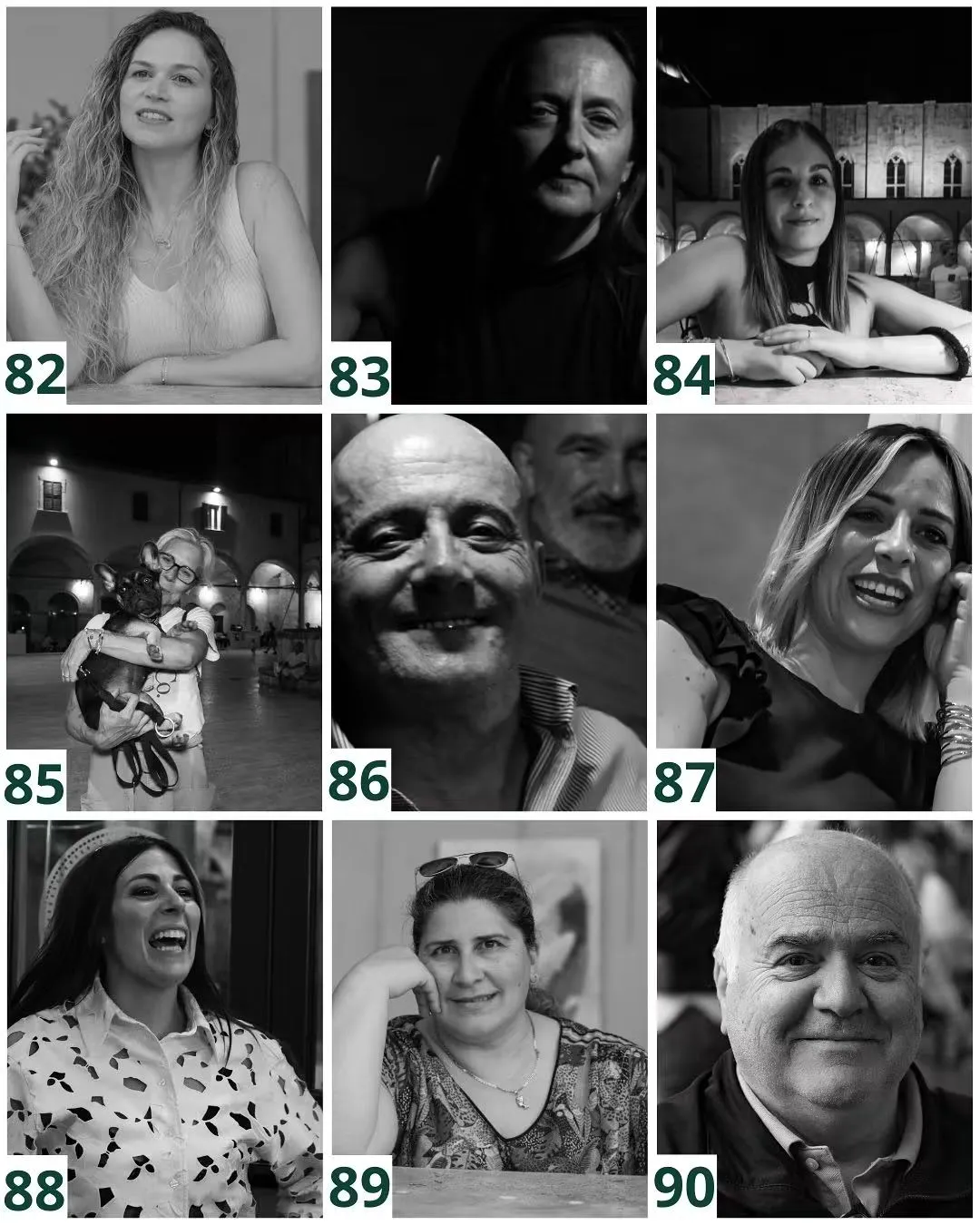 Nove ritratti in bianco e nero dal progetto I Volti del Chiostro, numerati da 82 a 90: volti di donne e uomini di età diverse fotografati sotto le arcate del chiostro