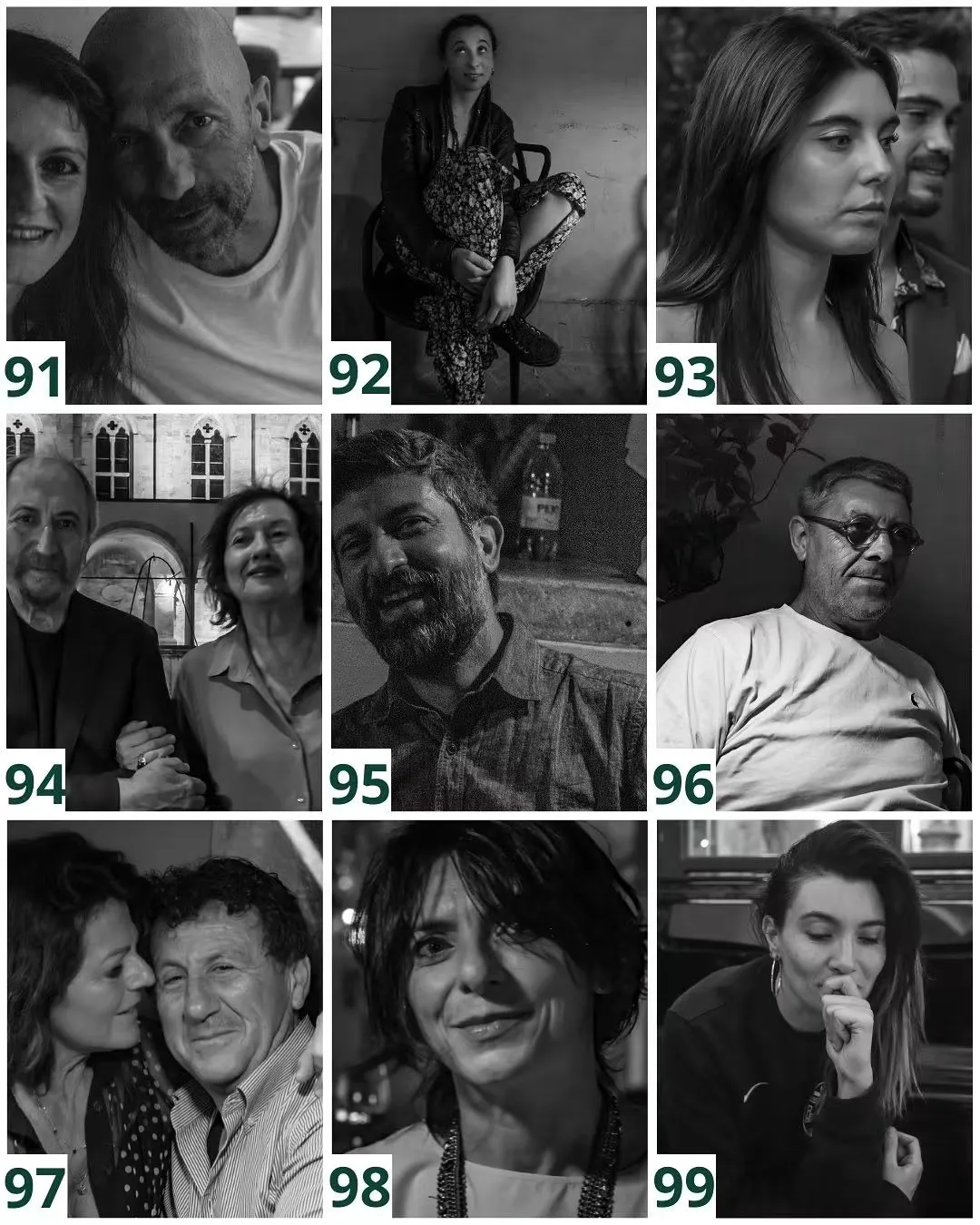 Ritratti numerati da 91 a 99: primi piani e coppie, fra le arcate del chiostro e gli interni