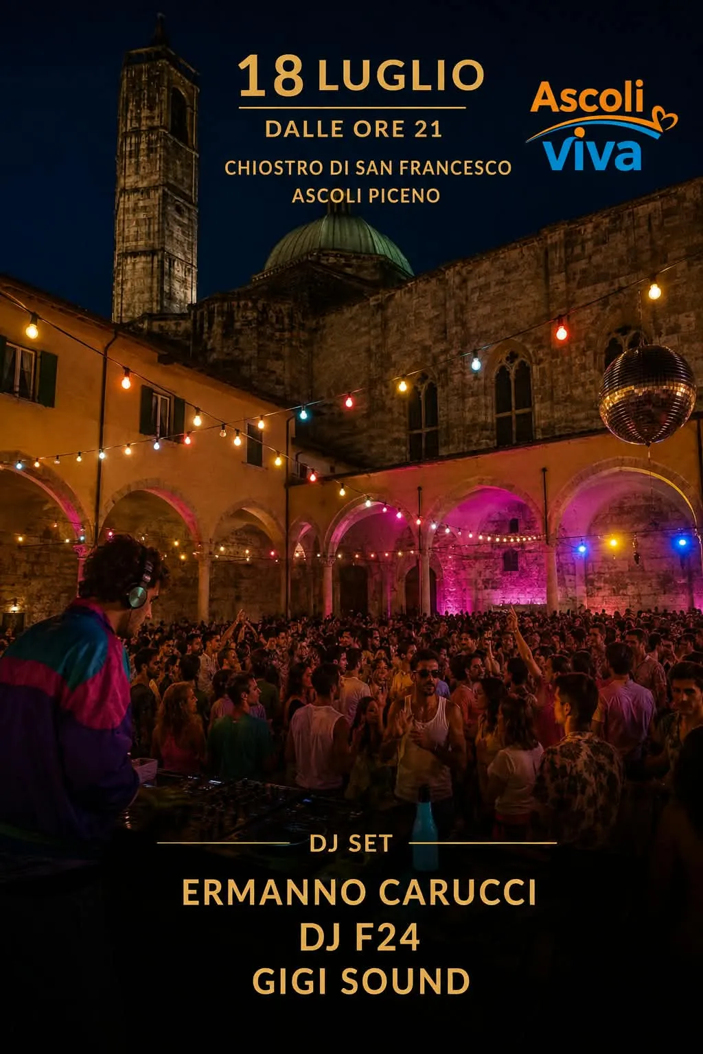 Locandina di The Last Dance: 18 luglio dalle ore 21 nel chiostro di San Francesco, dj set di Ermanno Carucci, DJ F24 e Gigi Sound